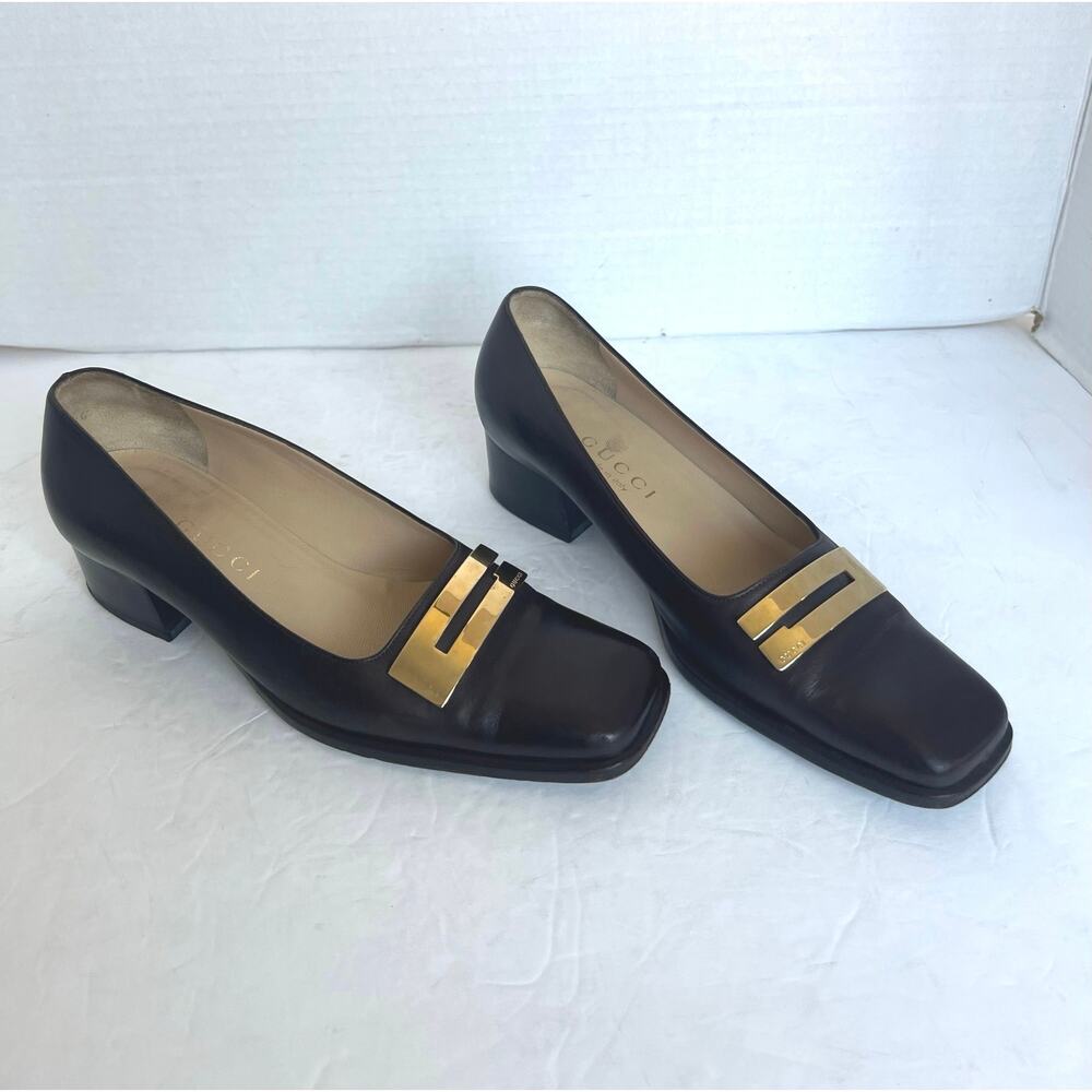 Vintage Gucci Brown Leather Square Toe Gold Plate  Block Low‎ Heel Pumps 6C Wide - Picture 2 of 12